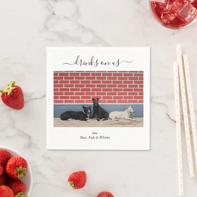 Custom Wedding 3 Dogs Drinks on Us Pet Fun Photo Napkins (Insitu)