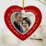 Custom Wedding Anniversary Photo Ceramic Ornament<br><div class="desc">This romantic red and white ornament lets you add your own photo to the heart-shape cutout. Create a special keepsake for your loved one. The red heart frame has white script text that says 'Our Wedding Anniversary' across the top, and 'A year of love', 'A year of joy' along each...</div>