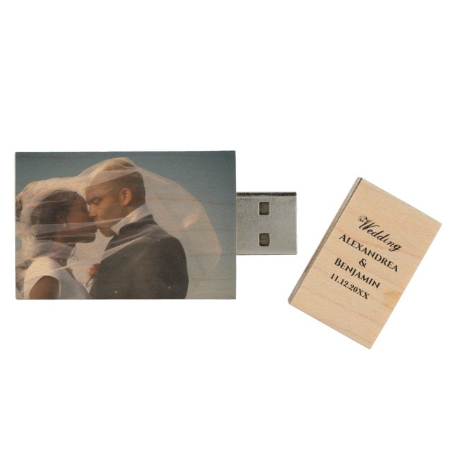 Custom Wedding Anniversary Photo Personalize  USB Wood Flash Drive (Opened)