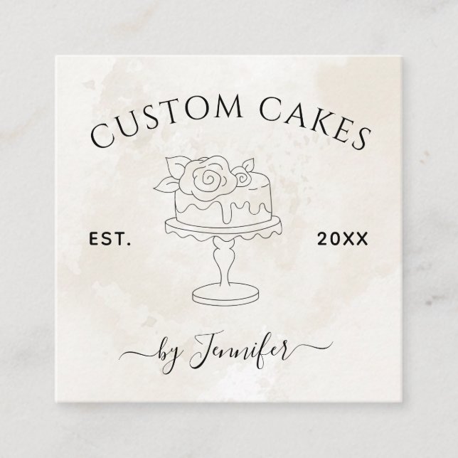 Custom Wedding & Birthday Cake Design Marble EST S Square Business Card (Front)
