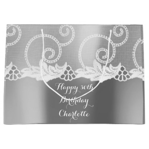 Custom Wedding Birthday White Silver Gray Lace Large Gift Bag