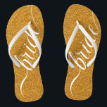 Custom Wedding Bride Flip Flops Gold Sparkle<br><div class="desc">Elegant white "bride" over a sparkly gold background. You can also delete the image and add your own background color. Click "Customize It" and use the swatches on the right to change the background color. The eyedropper tool gives you even more swatches, and "advanced" link opens the entire spectrum. You...</div>