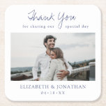 Custom Wedding Coaster Favor with Photo<br><div class="desc">This simply chic wedding coaster features words of thanks above your favorite photo and your first names and date below it. We've chosen a warm, modern script for 'Thank You' and added 'for sharing our special day' underneath, with that line separated by the the loop of the 'Y', enhancing its...</div>