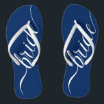 Custom Wedding Colors Bride Flip Flops Navy Blue<br><div class="desc">Elegant white "bride" with editable color background. This template shows navy blue. Click "Customize It" and use the swatches on the right to change the background color. The eyedropper tool gives you even more swatches, and "advanced" link opens the entire spectrum. You can also copy and paste a hex value...</div>