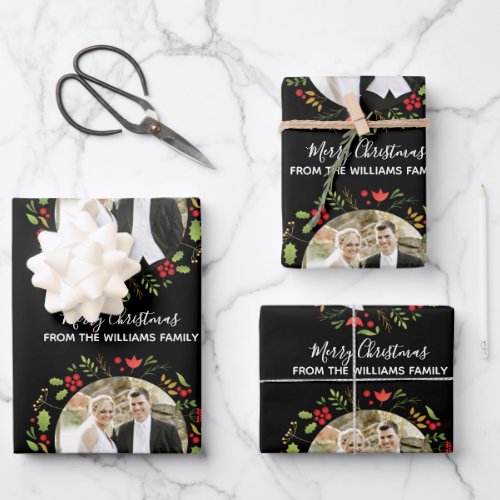 Custom Wedding Couple Christmas Photo Chic Black Wrapping Paper Sheets