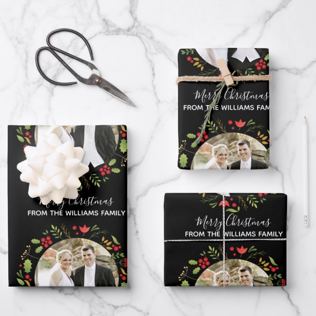 Custom Wedding Couple Christmas Photo Chic Black Wrapping Paper Sheets (Front)