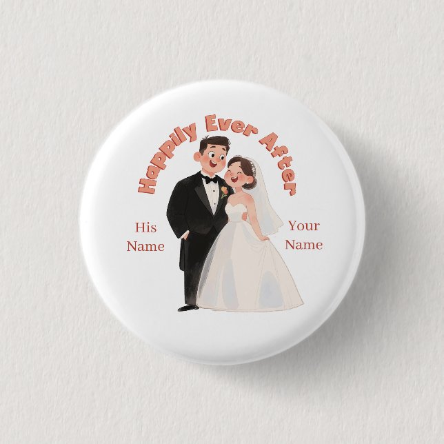 Custom Wedding Couple Illustration Happily Ever Button (Front)