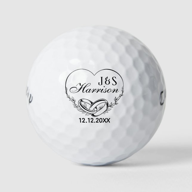 Custom Wedding Couple Name Date Wedding Ring Black Golf Balls (Front)