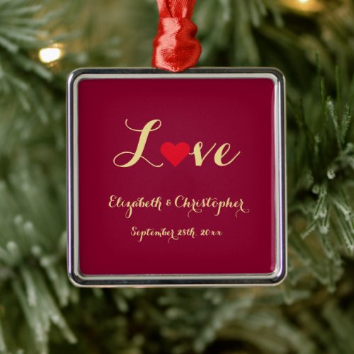 Custom Wedding Date Name Love Heart Anniversary Metal Ornament