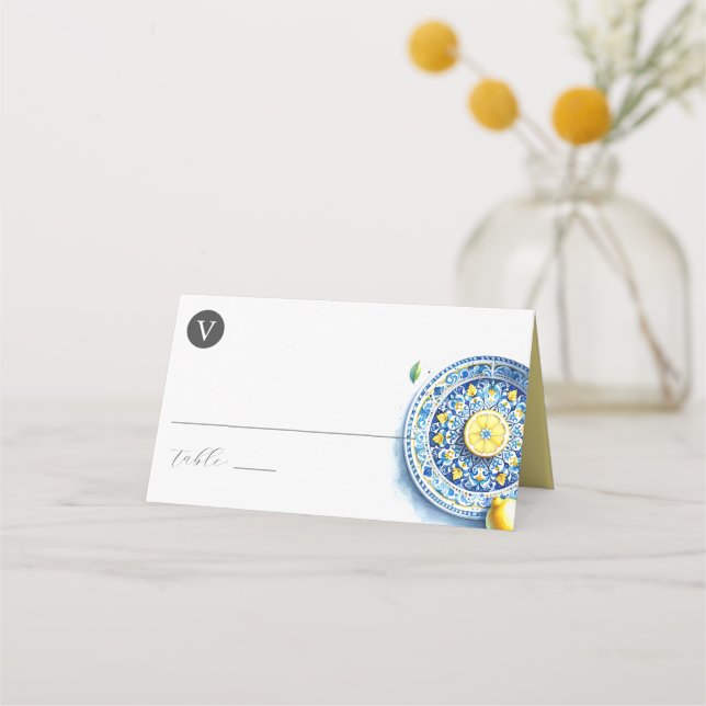 Custom Wedding Escort Cards Lemons Yellow and Blue (Front)