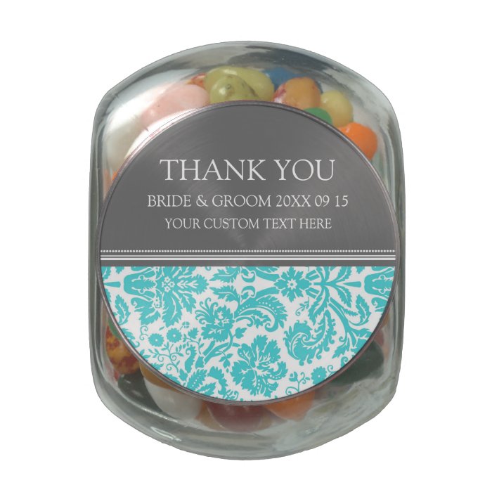 Custom Wedding Favor Candy Jar Aqua Grey Damask Glass Candy Jar