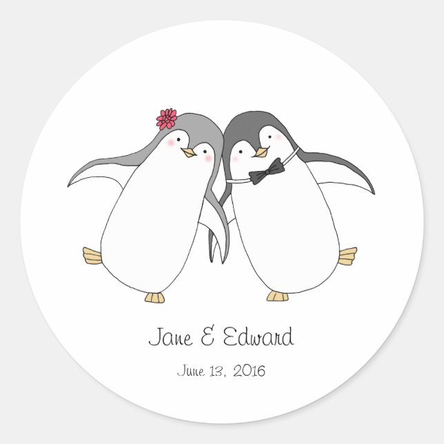 Custom Wedding Favor Sticker Cute Penguins Couple (Front)