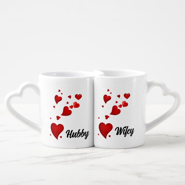 Custom wedding gift, couple, hubby & wifey coffee mug set (Front Nesting)