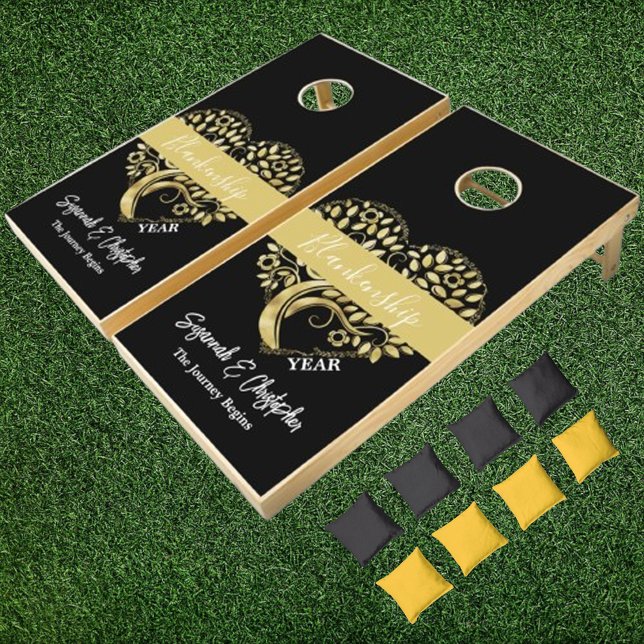 Custom Wedding Gift Heart Shaped Tree Black Gold Cornhole Set (same color text on both boards)