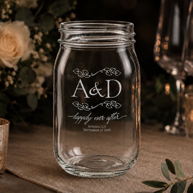 Custom Wedding Happily Ever After Monogram Mason Jar (elegant happily ever after wedding mason jar with custom couple initials and wedding date location)