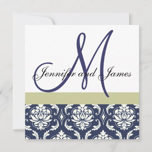 Custom Wedding Invitation Monogram Blue Damask