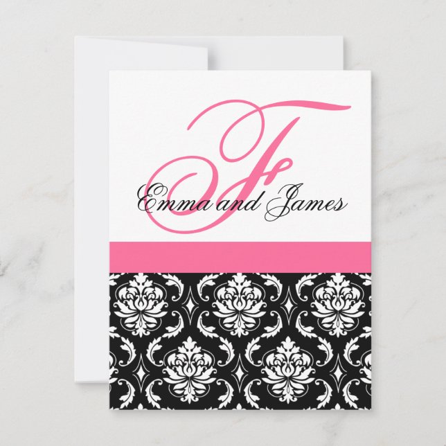 Custom Wedding Invitation Monogram Pink Damask (Front)