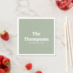 Custom Wedding Last Name Sage Green Retro Cocktail Napkins