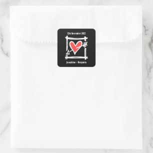Custom Wedding Love Heart Black & Red Square Sticker