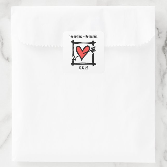 Custom Wedding Love Heart Black & Red Square Sticker (Bag)