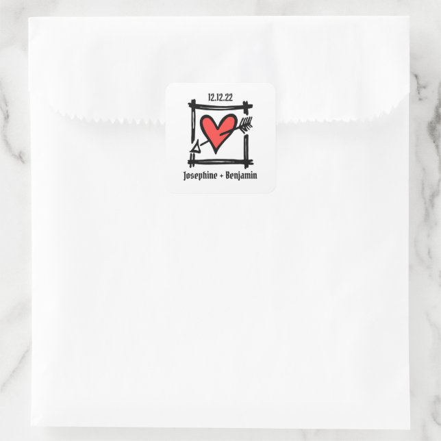 Custom Wedding Love Heart Black & Red Square Sticker (Bag)