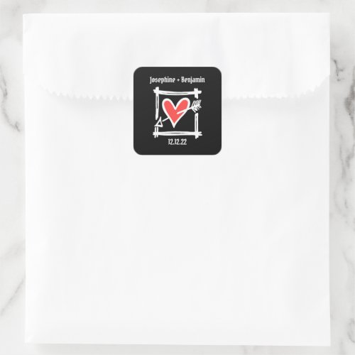 Custom Wedding Love Heart Black  Red Square Sticker