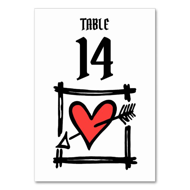 Custom Wedding Love Heart Black & Red Table Number (Front)