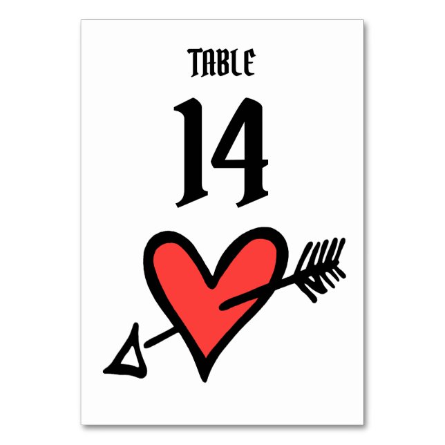 Custom Wedding Love Heart Black & Red Table Number (Front)