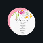 Custom Wedding Menus Watercolor Pink Florals<br><div class="desc">This customized wedding menu card designs features unique watercolor florals in shades of pink and orange. Use the template fields to DIY your personalized details. The elegant round design is a charming choice for rustic and garden weddings. To see more wedding menu card ideas like this visit www.zazzle.com/dotellabelle Unique watercolor...</div>
