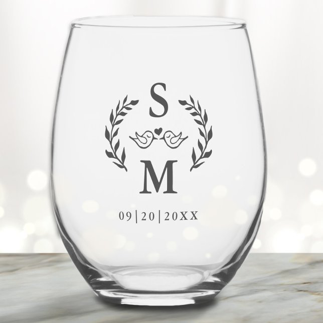 Custom Wedding Modern Monogram Wreath Crest  Gray  Stemless Wine Glass (Custom Wedding Modern Monogram Wreath Crest Gray Stemless Wine Glass)