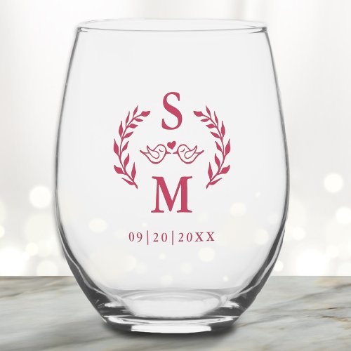 Custom Wedding Modern Monogram Wreath Magenta Red Stemless Wine Glass