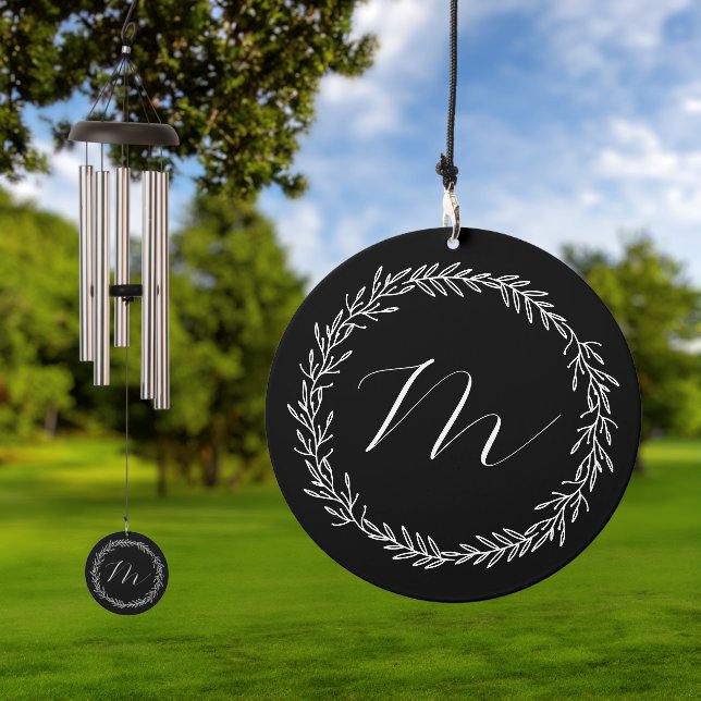 Custom Wedding Monogram Black Wreath Wedding Wind Chime (Outdoor)