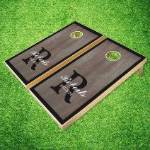 Monogram Family Name Grain Wood Wedding Cornhole Set