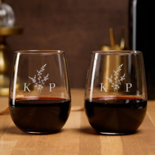 Custom Wedding Monogram Flower Name Etched Stemless Wine Glass