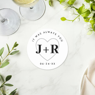 Custom Wedding Monogram Initials with Heart Round Paper Coaster