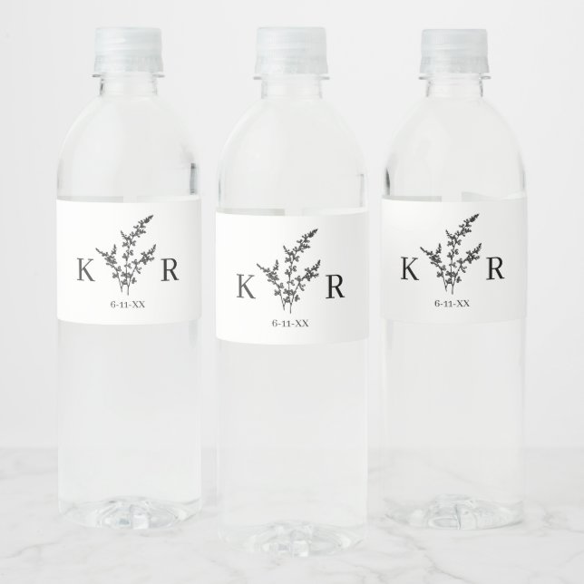 Custom Wedding Monogram Name Etched Flower Water Bottle Label (Bottles)