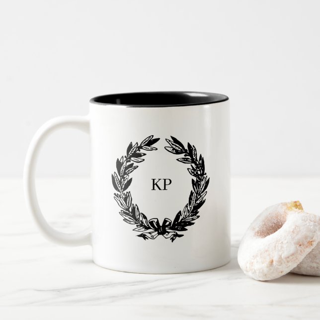 Custom Wedding Monogram Name Wreath Two-Tone Coffee Mug (With Donut)