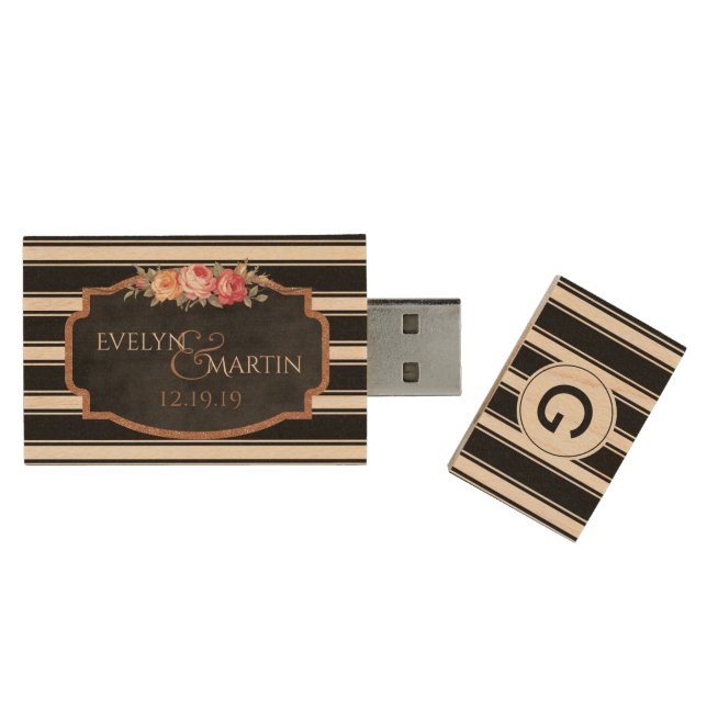 Custom Wedding Monogram Names USB Wood Flash Drive (Opened)