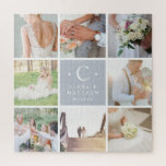 Custom Wedding Monogram Photo Collage Jigsaw Puzzle<br><div class="desc">Create a sweet wedding keepsake -- and keep yourself occupied -- with this photo collage puzzle featuring 8 square photos arranged around a pastel grey square bearing your initial,  names and wedding date.</div>