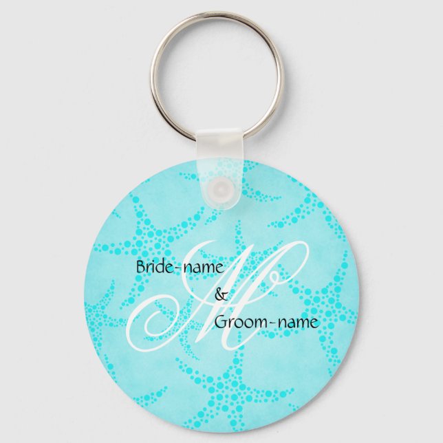 Custom Wedding Monogram Turquoise Starfish Keychain (Front)