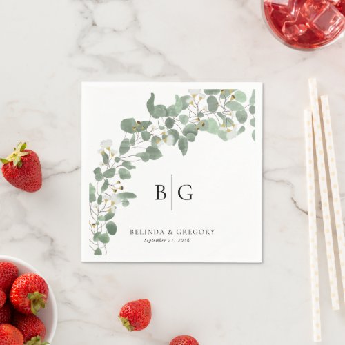 Custom Wedding Monogram Watercolor Eucalyptus Napkins
