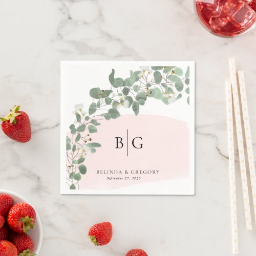 Custom Wedding Monogram Watercolor Eucalyptus Pink Napkins