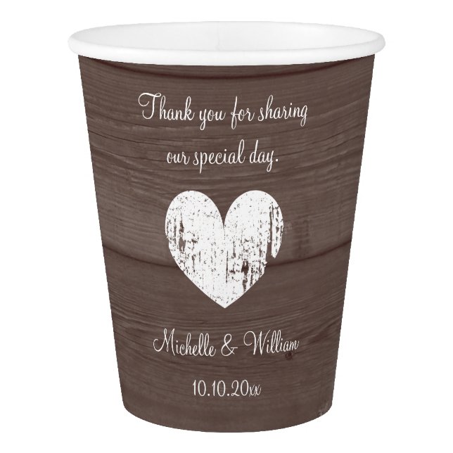 Custom wedding monogram wood grain paper cups (Front)