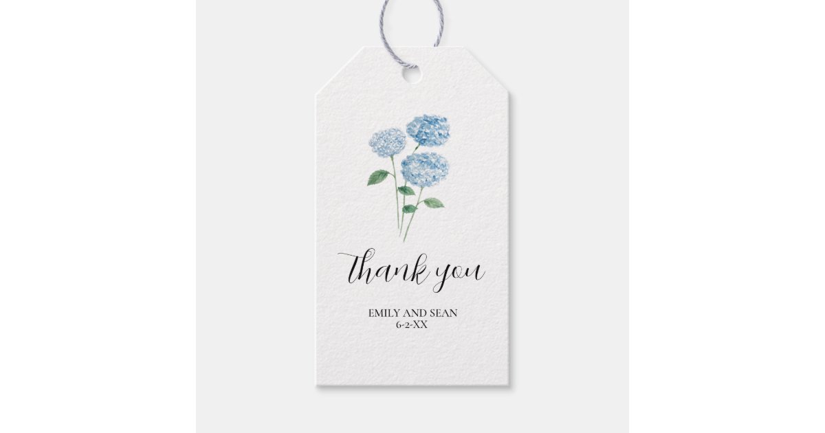 Custom Wedding Name Blue Hydrangea Thank You Gift Tags | Zazzle