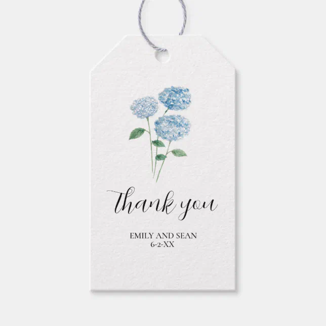 Custom Wedding Name Blue Hydrangea Thank You Gift Tags | Zazzle