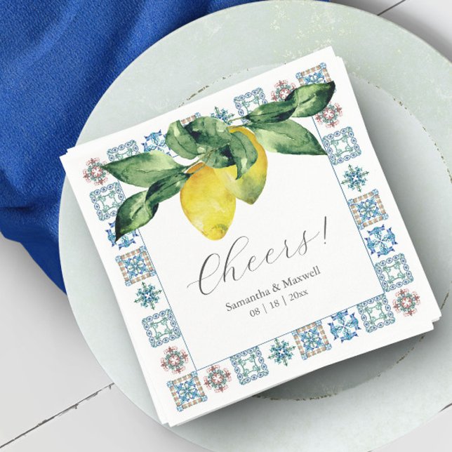 Custom Wedding Napkins Amalfi Tile and Lemons (Amalfi coast inspired cocktail napkins feature Italian blue tile with watercolor lemons by Victoria)