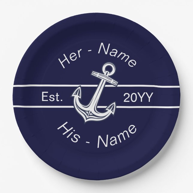 Custom Wedding Nautical Anchor Navy Blue Paper Plates (Front)
