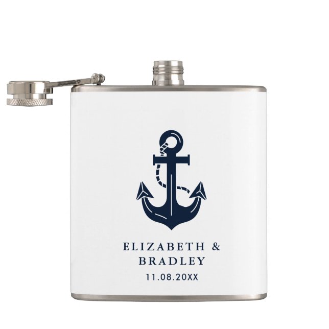 Custom Wedding Nautical Navy Blue Anchor Flask (Opened)
