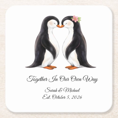 Custom Wedding Penguin Couple  Square Paper Coaster