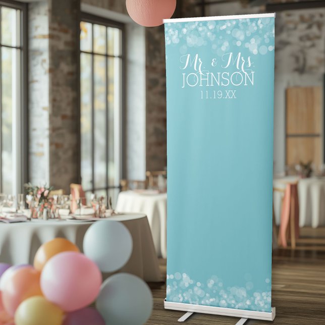 Custom Wedding Photo Backdrop Mr & Mrs Blue Bokeh Retractable Banner (Wedding and Anniversary Backdrop)